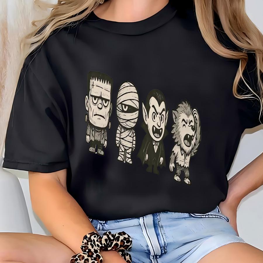 Halloween Monster Sweatshirt Cute Frankenstein Mummy Vampire Werewolf Sweater Funny Spooky Season Pullover Gift For Halloween Lover T-shirt