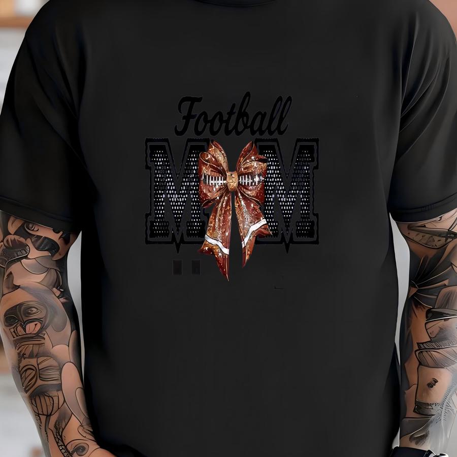 Football Mom Shirt Game Day Outfit Football Game Team Spirit Wear Collection Stadium Style Varsity Look Glitter Accent Bow Design Sports Mom T-shirt