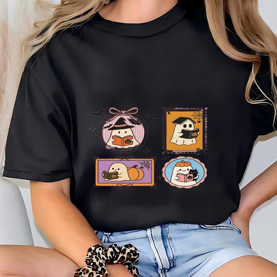 Custom Reading Ghost Notebook Gift Book Lover Spooky Halloween Journal With Name Teen Gift Pink Diary Cute Spooky Boo Haunted Ghost Pumpkin T-shirt