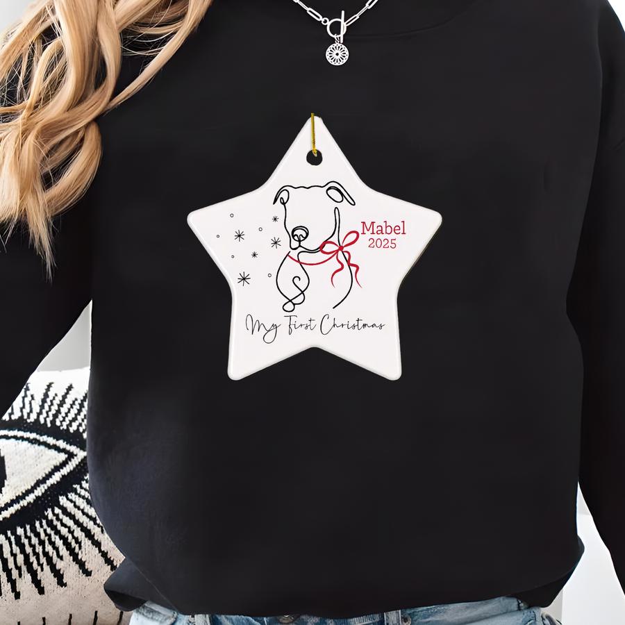 Pitbull's First Christmas Ornament, Personalized Gift For Pitbull Lover, 1st Christmas, Coquette Pittie Name And Year Holiday Ornament Sweatshirt