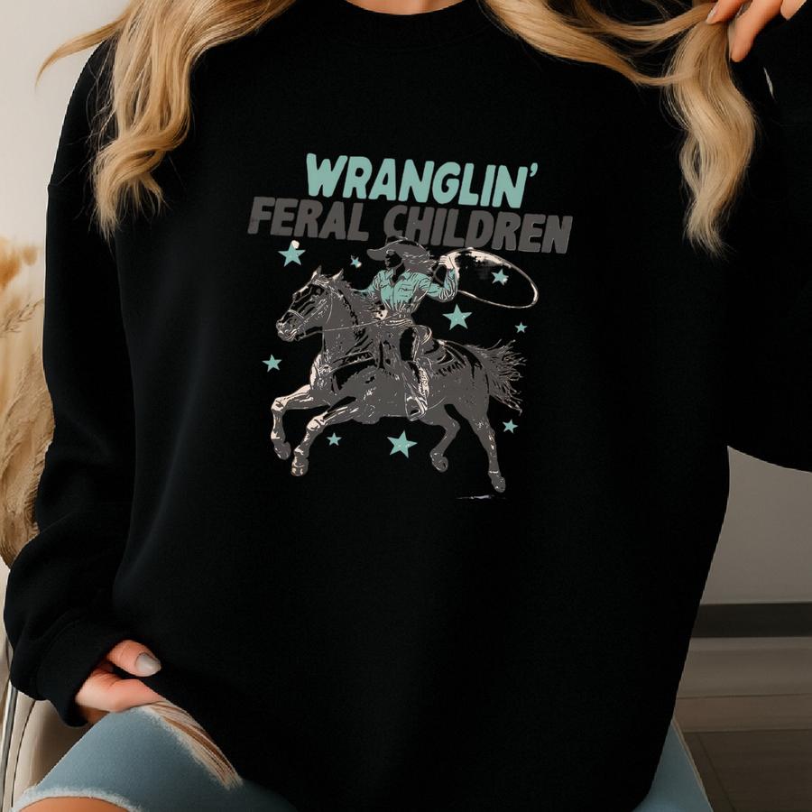 Wranglin Children Sweatshirt Cute Western Cowgirl Mama Sweater Funny Retro Rodeo Cowboy Crewneck Country Music Concert Gift For Her Sweatshirt
