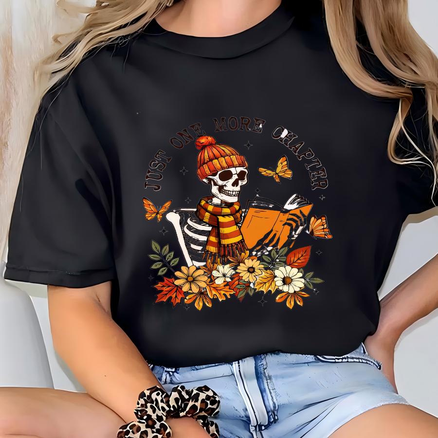 One More Chapter Skeleton Sweatshirt | Fall Book Lover Cozy Reading Sweater | Autumn Floral Skull Pullover | Halloween Reader Gift For Women T-shirt