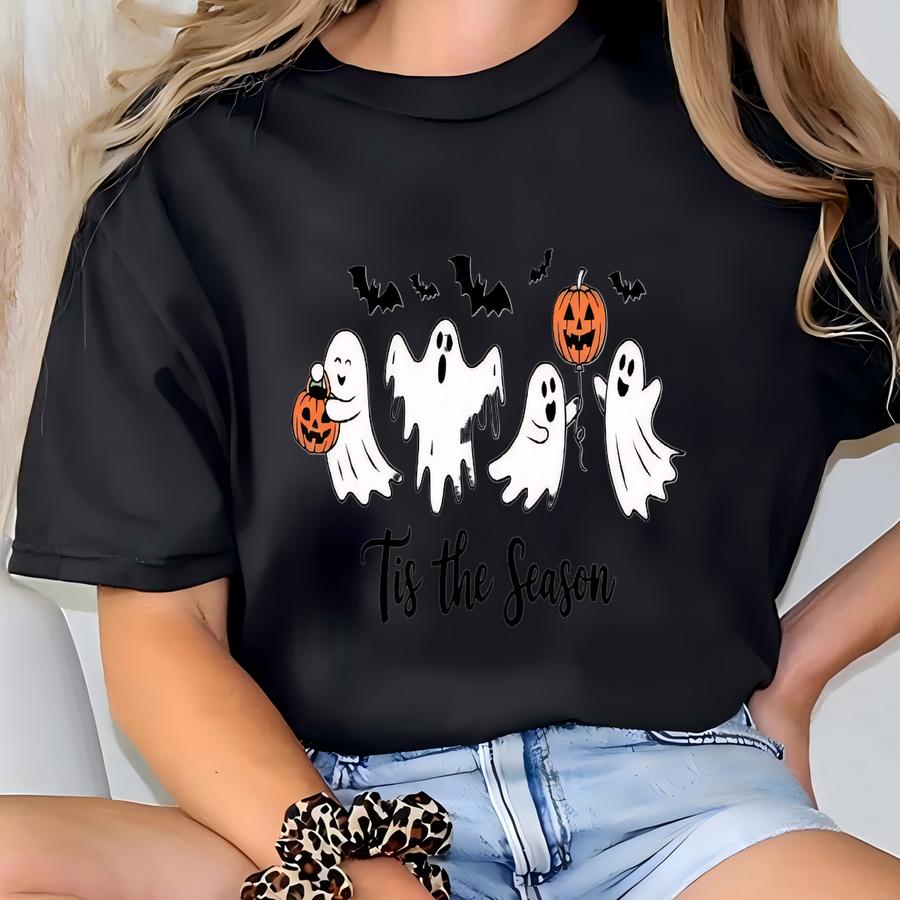 Cute Ghosts Halloween Shirt – “tis The Season” Graphic Tee – Spooky Season Fall Pumpkin Ghost Shirt - Halloween Shirt - Skeleton Gift T-shirt