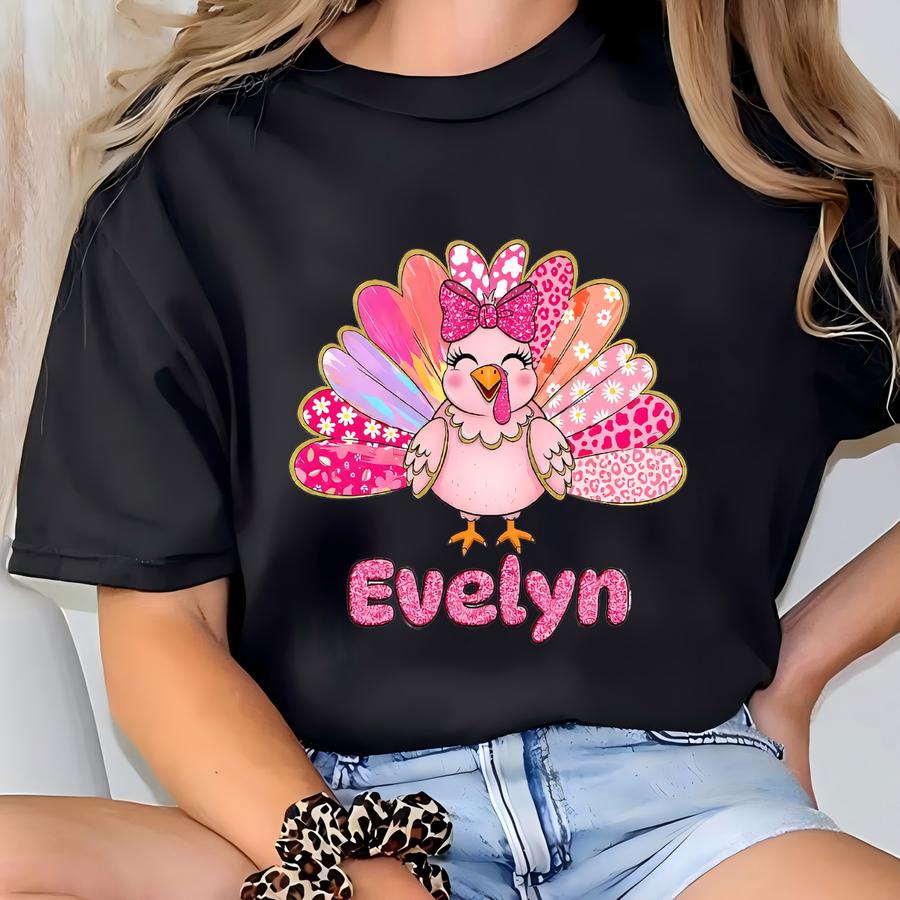 Custom Name Fall Coquette Bow Girly Turkey Sweatshirt, Thanksgiving Tshirt, Colorful Autumn Turkey Hoodie,girl Little One Shirt,cue Pink Tee T-shirt