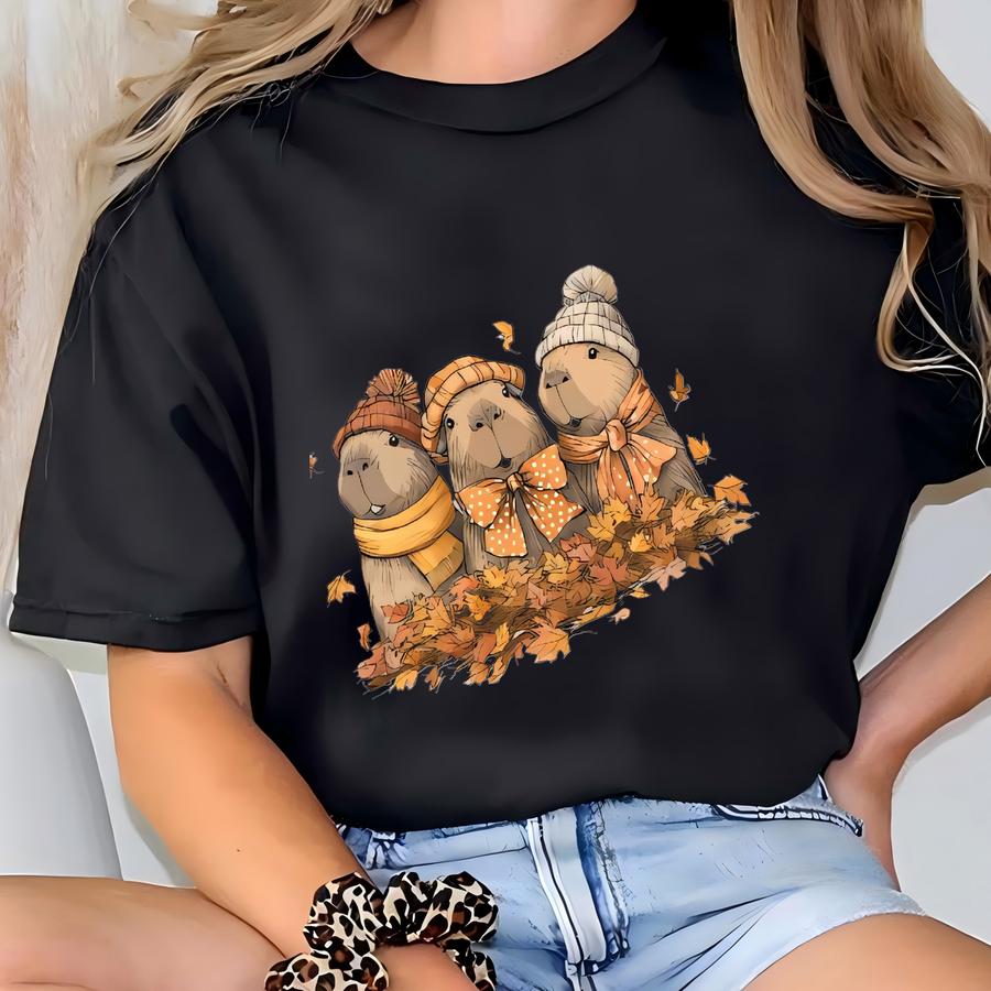 Fall Capybara Sweatshirt, Cute Cozy Season Shirt, Fall Sweatshirt Family Matching Fall Sweater, Autumn Animal Crewneck, Thanksgiving Gifts T-shirt