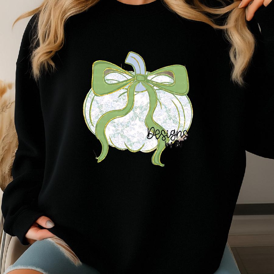 Grandmillennial Pumpkin Png Fall Png Bow Png Gold Glitter Png Preppy Png Trending Png Coquette Png Fall Png Faux Glitter Png Autumn Png Sweatshirt