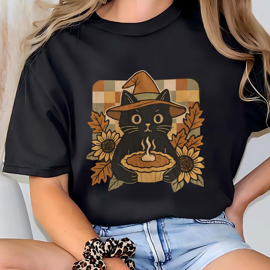 Black Cat Pumpkin Pie Shirt | Witchy Fall Plaid Tee | Autumn Suower Cozy Gift T-shirt