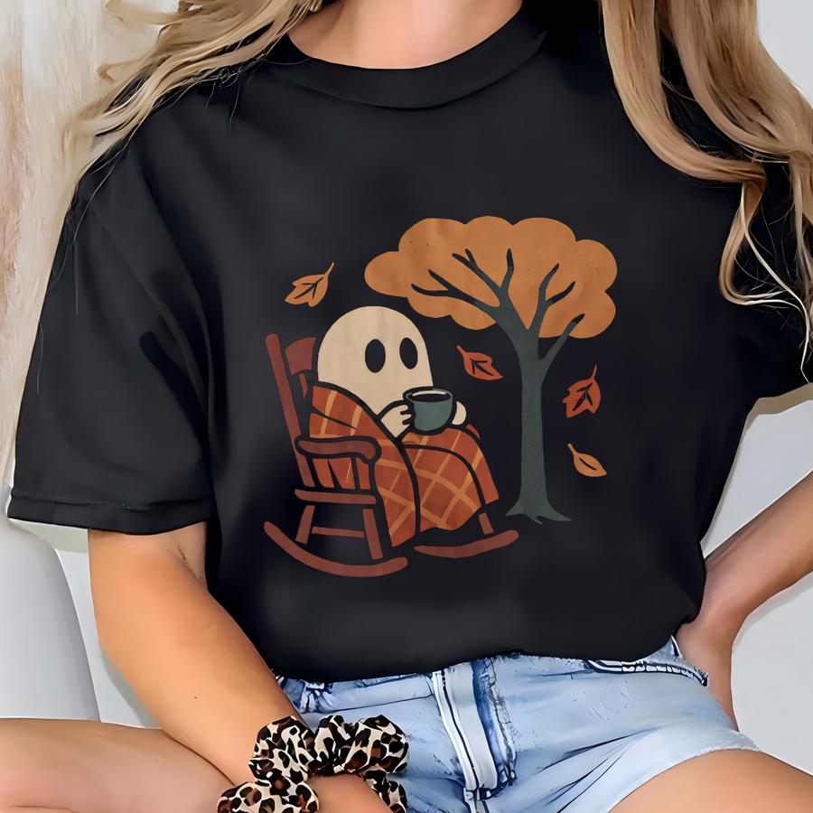 Cozy Ghost Fall Shirt | Autumn Coffee Blanket Tee | Cute Spooky Season Gift T-shirt