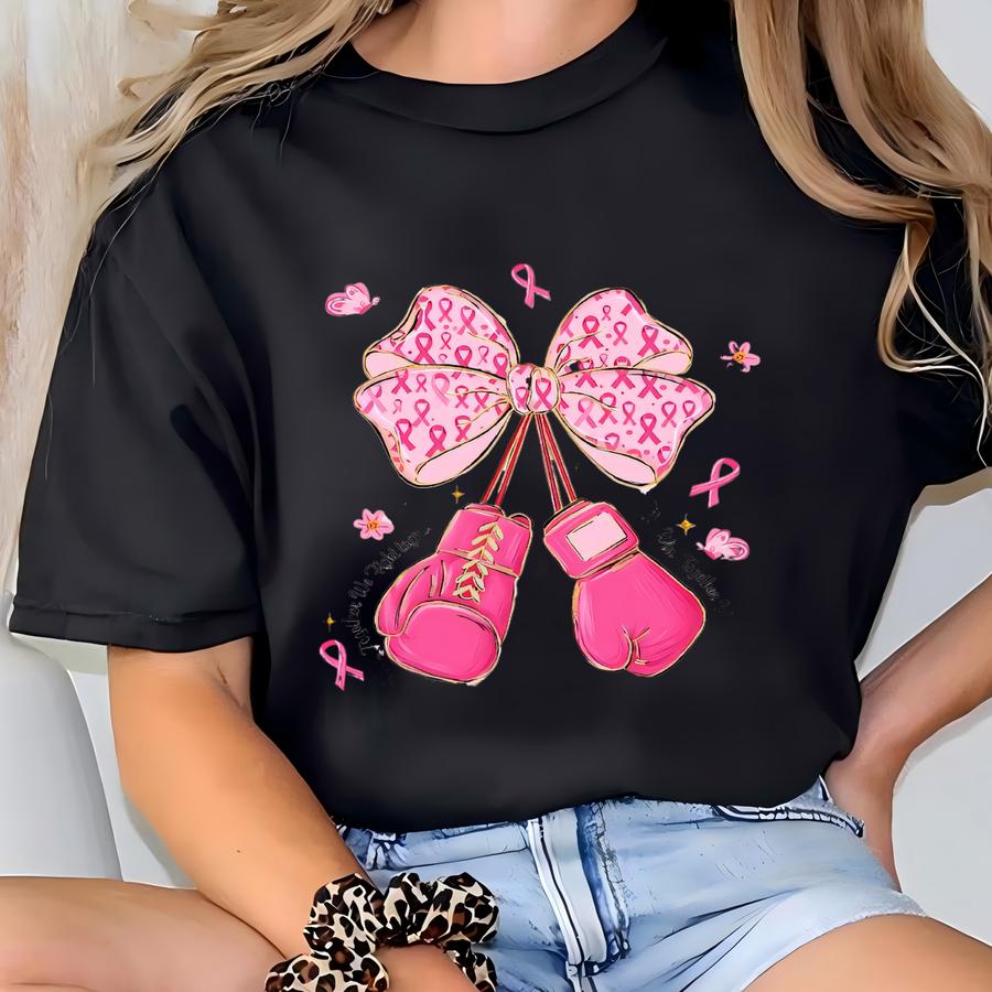 Breast Cancer Awareness Sweatshirt – Pink Ribbon Bow Boxing Gloves – Together We Fight Shirt – October Support Crewneck T-shirt