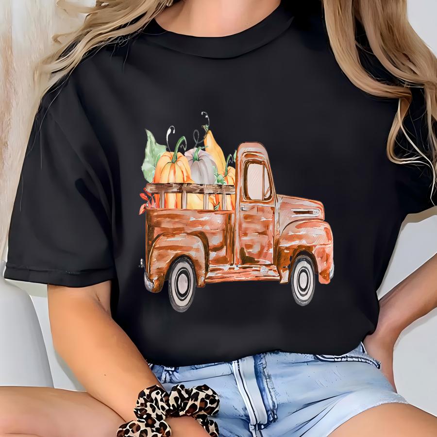 Vintage Truck Pumpkin Canvas Art: Rustic Autumn Home Decor T-shirt