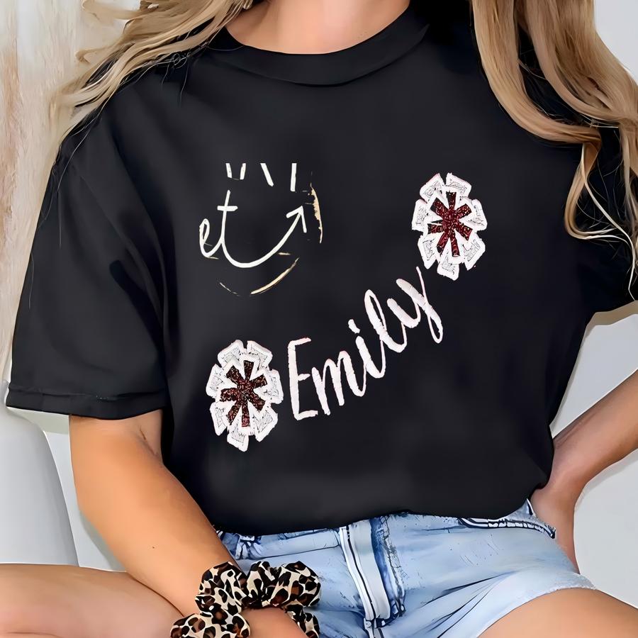 Personalized Cheerleader Hoodie | Tee With Pom Poms Name | Custom Cheer Spirit Shirt | Neckline Ery T-shirt