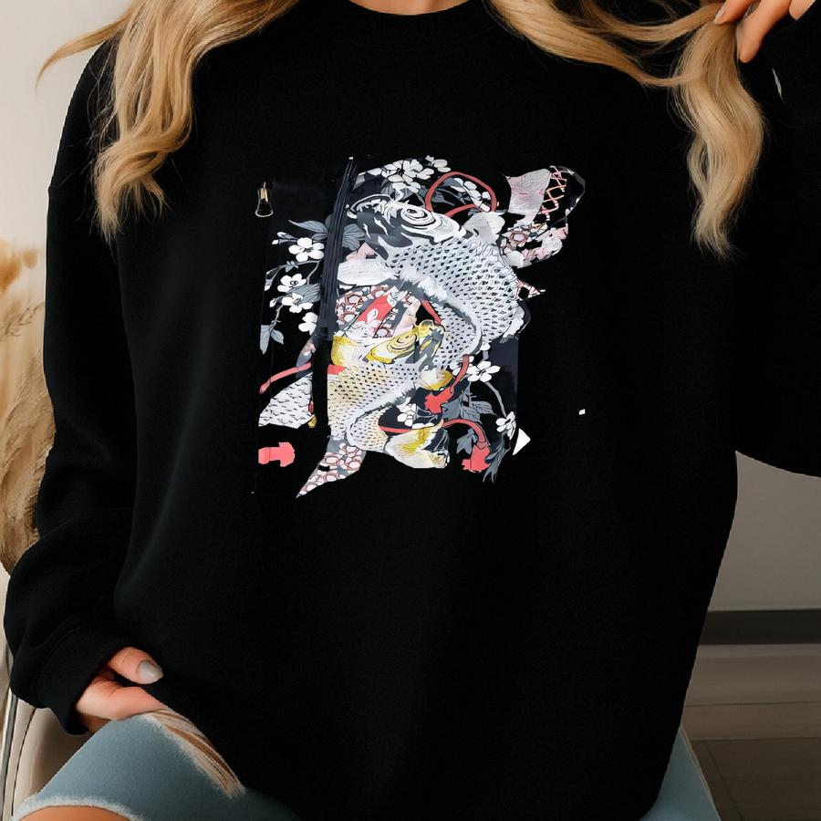 Koi Fish Sukajan Hoodie: Japanese Sweater, Size Large Sweatshirt