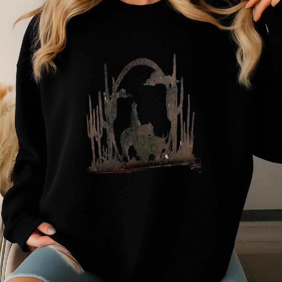 Handmade Reclaimed Wood Cowboy Scene: Rustic Western Decor Sweatshirt