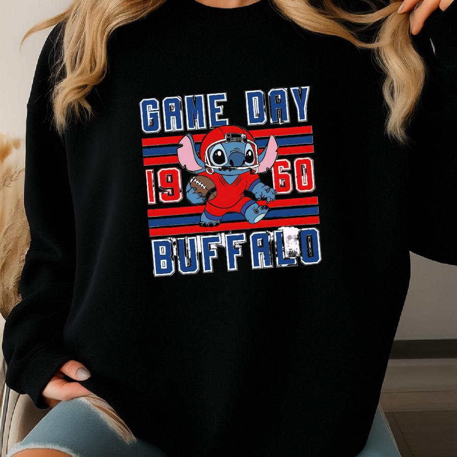 Stitch Buffalo Football Shirt And Sweatshirt | Cute Kids Stitch Game Day Fan Shirt Sweatshirt