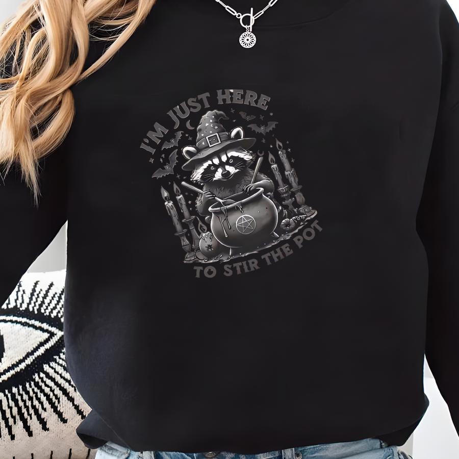 Im Just Here To Stir The Pot Raccoon Halloween Sweater, Raccoon Meme Sweatshirt, Halloween Crewneck, Halloween Gift, Funny Racoon Shirt Sweatshirt