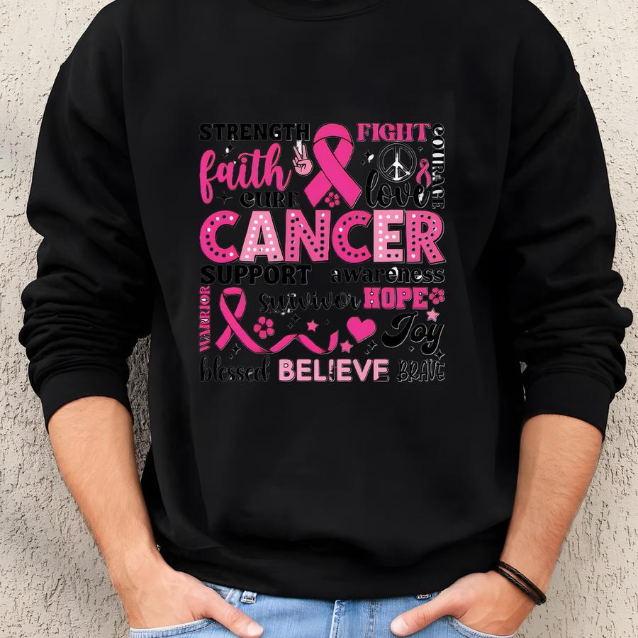 Breast Cancer Awareness T-shirt – Pink Ribbon Faith Hope Love Graphic Tee, Cancer Survivor Shirt - Cancer Support Tee Sweatshirt