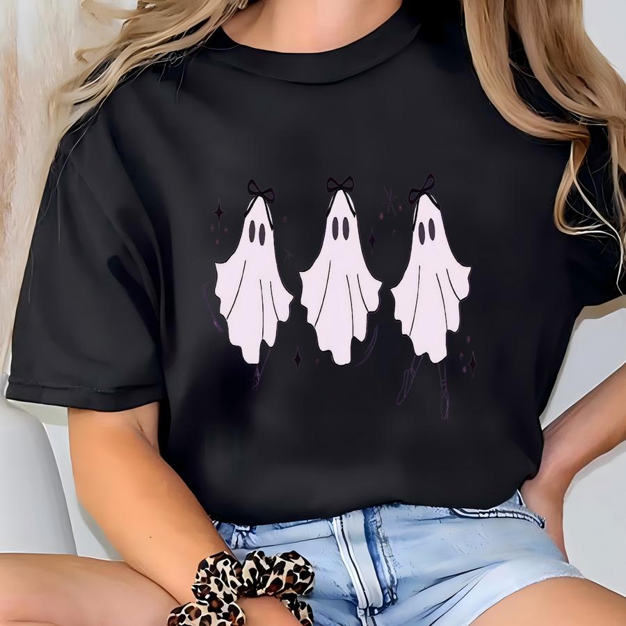 Ghost Ballerina Shirt For Fall Tshirt Youth And Adult Autumn Sweatshirt Matching Mommy And Me Fall Ballet Halloween Bow Pumpkin Patch Shirt T-shirt