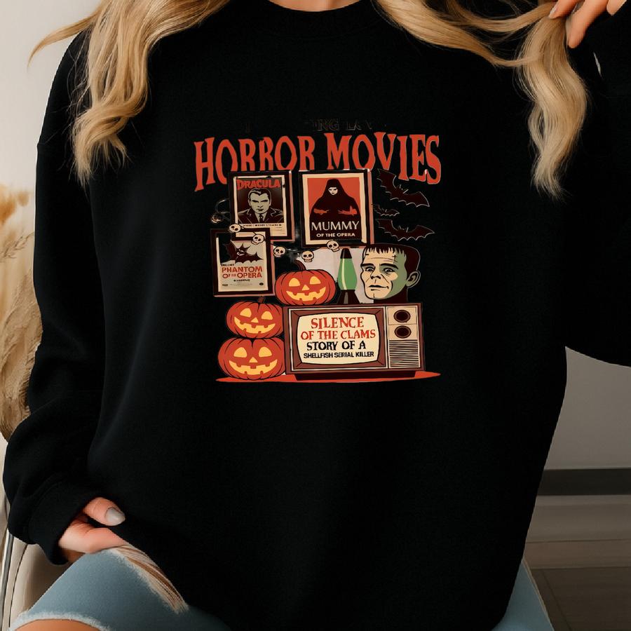 Halloween Horror Movies Sweatshirt, Love Horror Movies Shirt, Horror Movie Lovers Gift, Cute Women Halloween Gift Sweatshirt