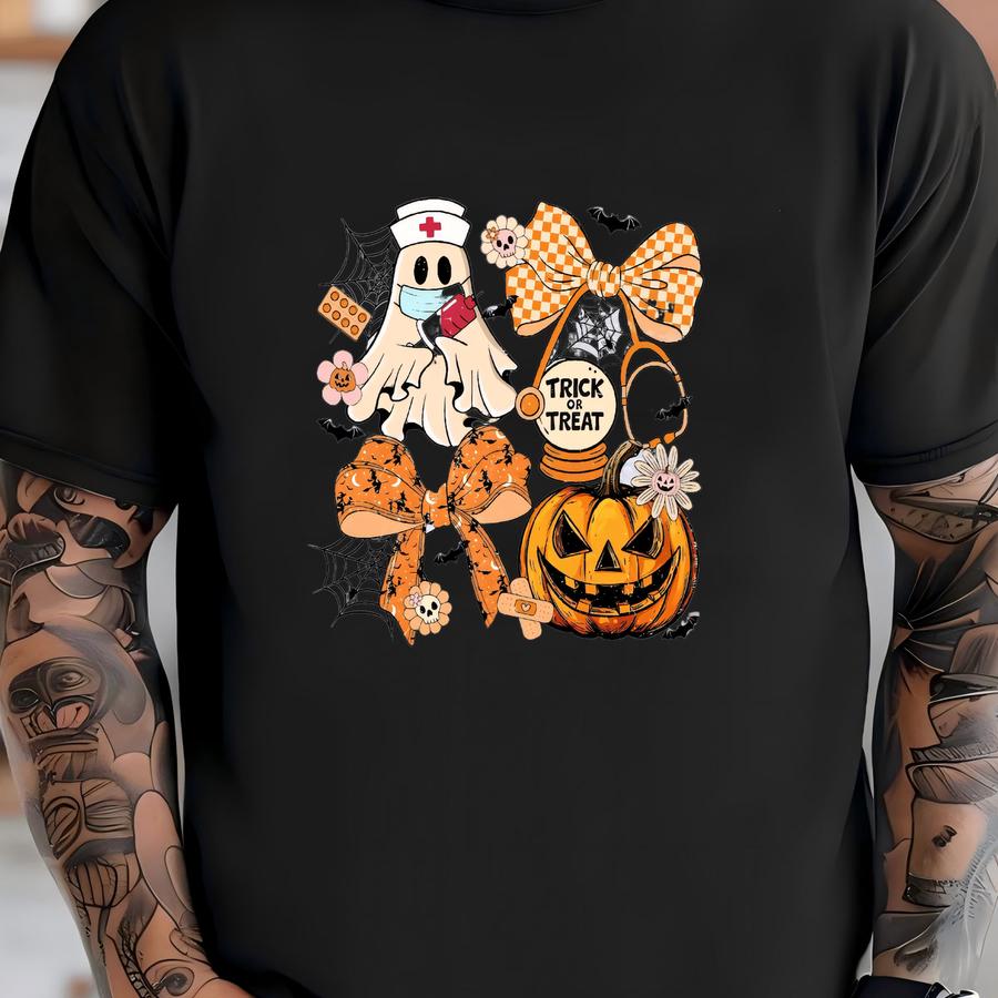 Retro Nurse Halloween Sweatshirt, Cute Nurse Trick Or Treat Shirt, Nurse Ghost Halloween Gift, Halloween Nurse Gift T-shirt