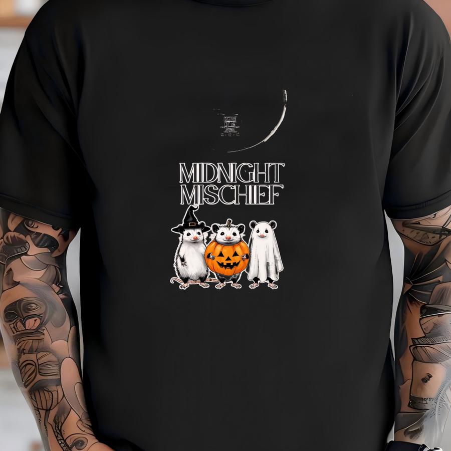 Midnight Mischief Hoodie, Halloween Shirt, Unisex Tee, Cute Animal Shirt, Ghost Hoodie, Fall Fashion, Spooky Attire, Opossum Shirt, Autumn T-shirt