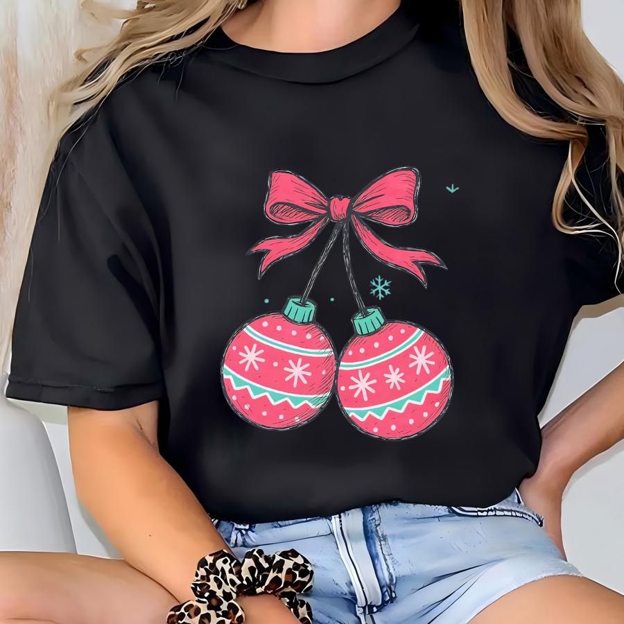 Retro Christmas Shirts, Coquette Christmas Cherries Hoodie Coquette Christmas Ornaments Hoodie Festive Holiday Tee Winter Top T-shirt