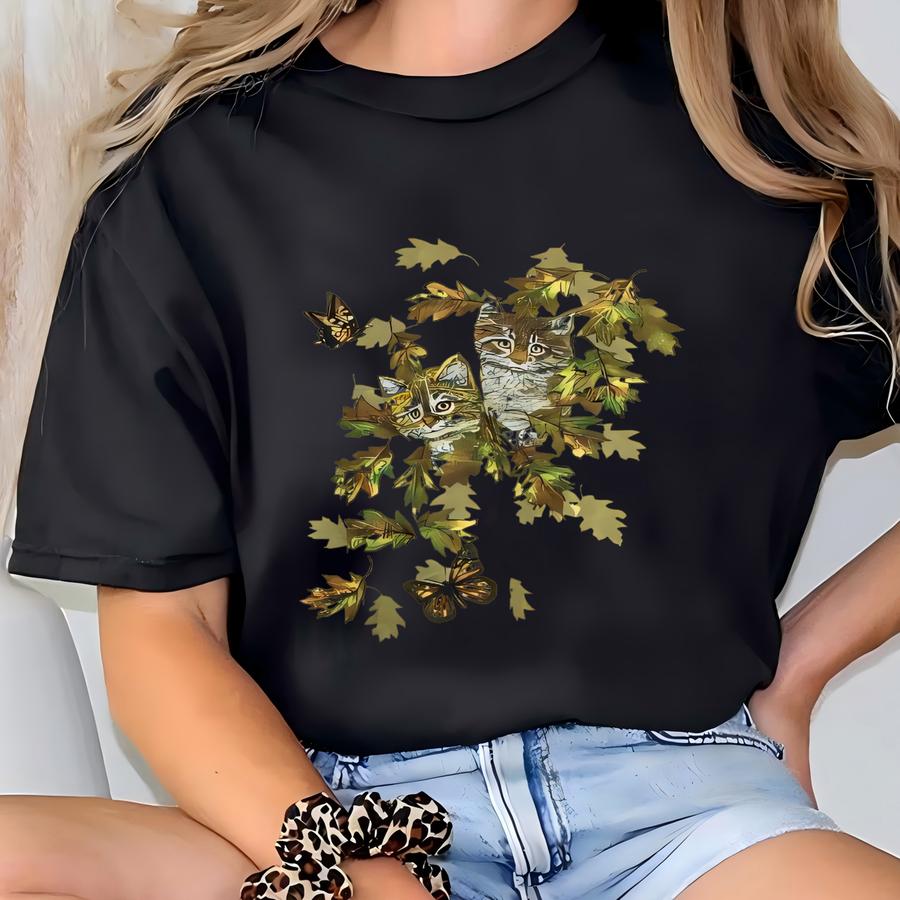 Vintage Cute Cat Kitten Sweatshirt X Cat Kitten Leaves Graphics Print Kitsch Sweater Cat Lover Jumper Cat Butterfly Crewneck Size 2xl T-shirt