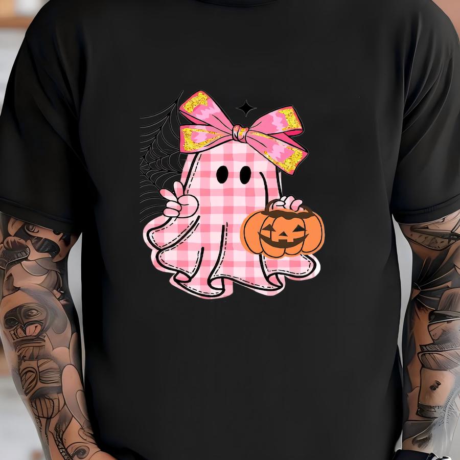 Personalized Halloween Ghost Dtf Transfer: Pink Plaid Pumpkin Shirt Decal T-shirt