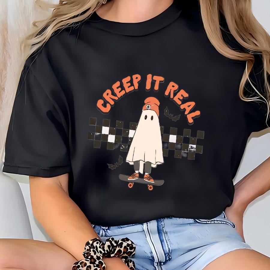 Creep It Real Sweatshirt, Unisex Pullover Crewneck, Halloween Apparel, Cozy Fallsweater, Skater Ghost, Black Checkered Distressed Top T-shirt