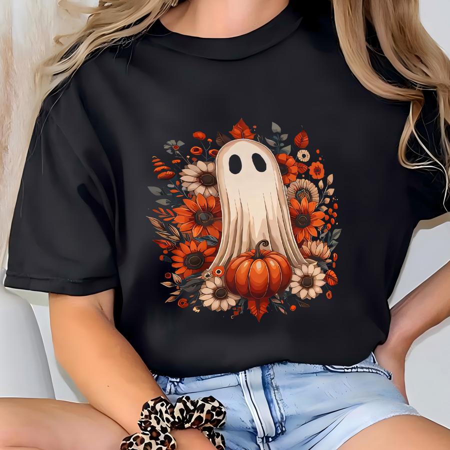 Ghostly Floral Halloween Tee: Unisex Cotton Fall Shirt T-shirt