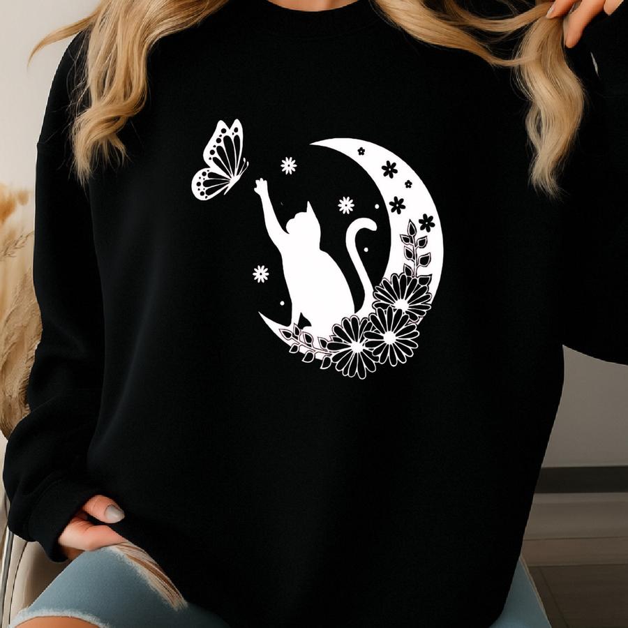 Floral Cat Shirt, Floral Cat Tee, Cat Lover Shirt, Animal Lover Tee, Cat And Butterfly Tee, Floral Animal Shirt, Gift For Her, Gift For Mom Sweatshirt