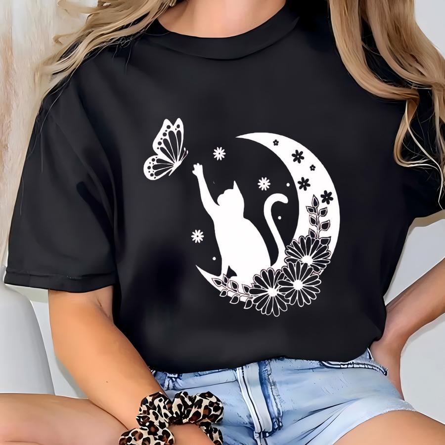Floral Cat Shirt, Floral Cat Tee, Cat Lover Shirt, Animal Lover Tee, Cat And Butterfly Tee, Floral Animal Shirt, Gift For Her, Gift For Mom T-shirt