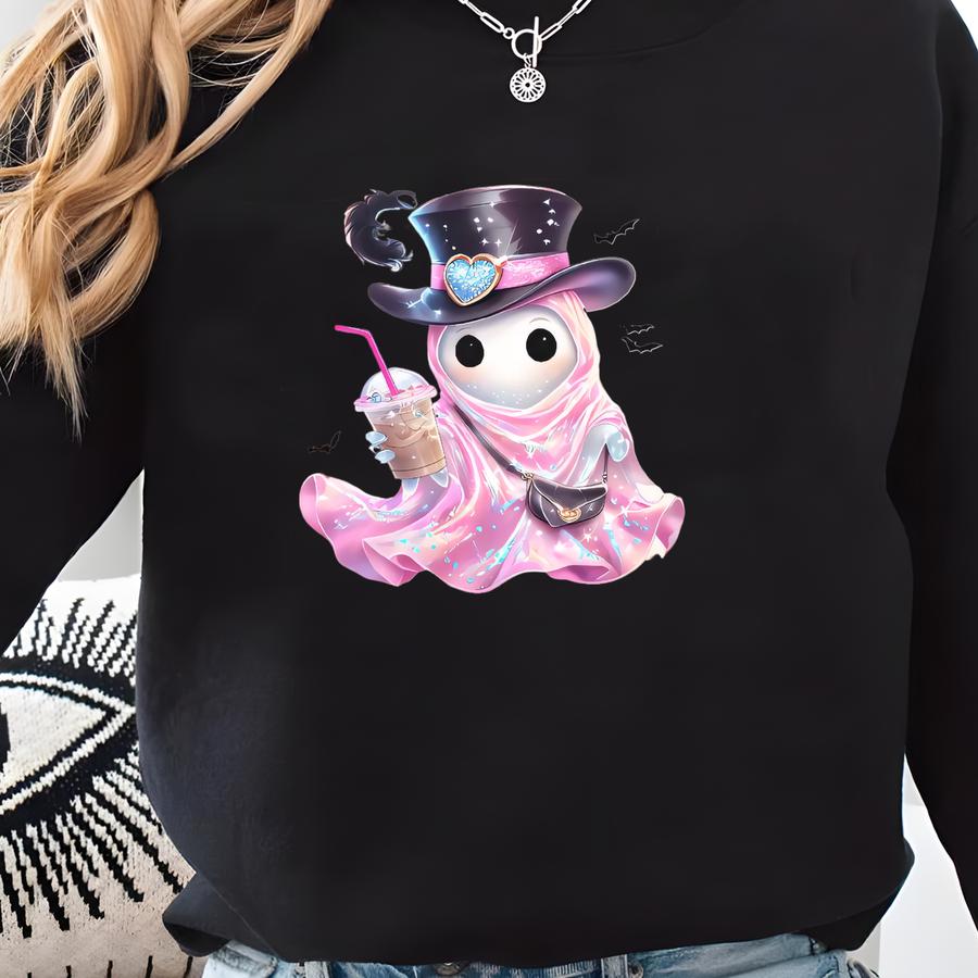 Top Hat Ghost Halloween Shirt, Pumpkin Coffee Halloween Shirt, Cute Girly Ghost Shirt, Halloween Gift For Her, Retro Coquette Ghost Tee Sweatshirt
