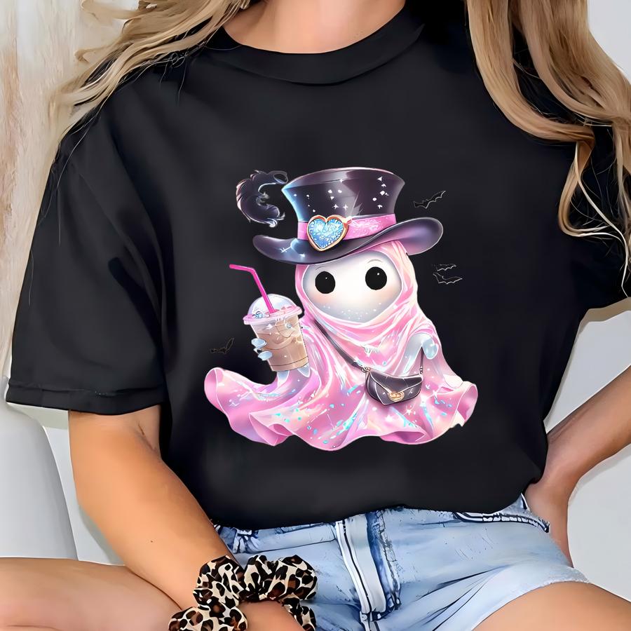 Top Hat Ghost Halloween Shirt, Pumpkin Coffee Halloween Shirt, Cute Girly Ghost Shirt, Halloween Gift For Her, Retro Coquette Ghost Tee T-shirt