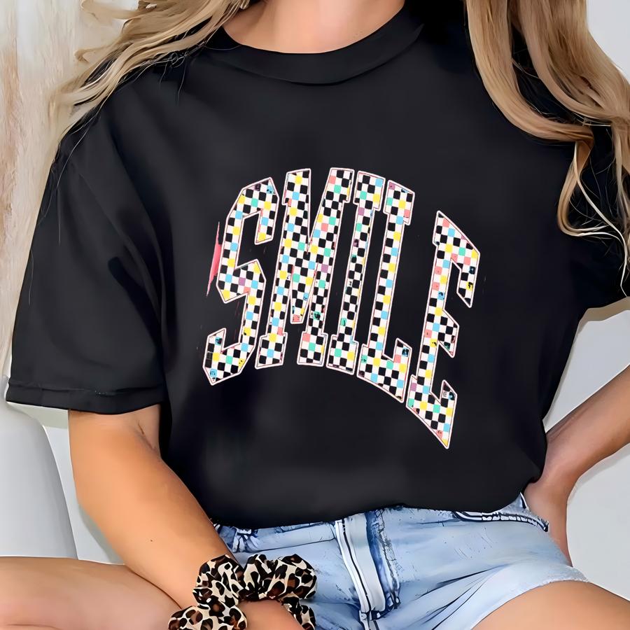 Checkered Smile Shirt, Retro Positive Message Tee, Inspirational Happy Vibes Hoodie, Cute Gift, Varsity Style T-shirt