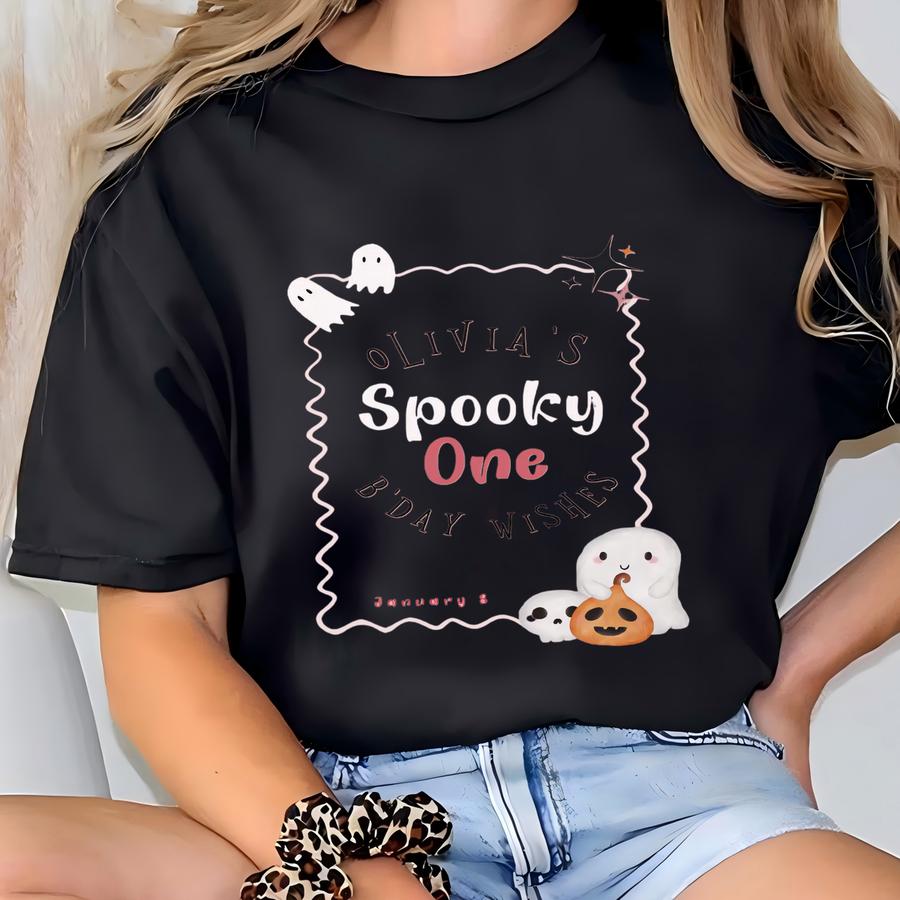 Custom Spooky Guestbook For Baby Girl First Birthday Party Memory Keepsake Pink Journal For Daughter Halloween Party Cute Pumpkin Ghost Book T-shirt