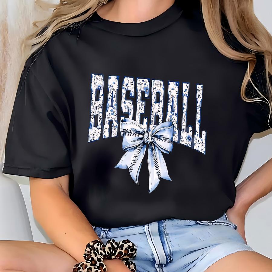 Coquette Baseball Blue Floral Mom Shirt, Toile Baseball Hoodie, Bow Baseball Lover Mama Shirt, Baseball Game Day Hoodie, Tsf112 T-shirt