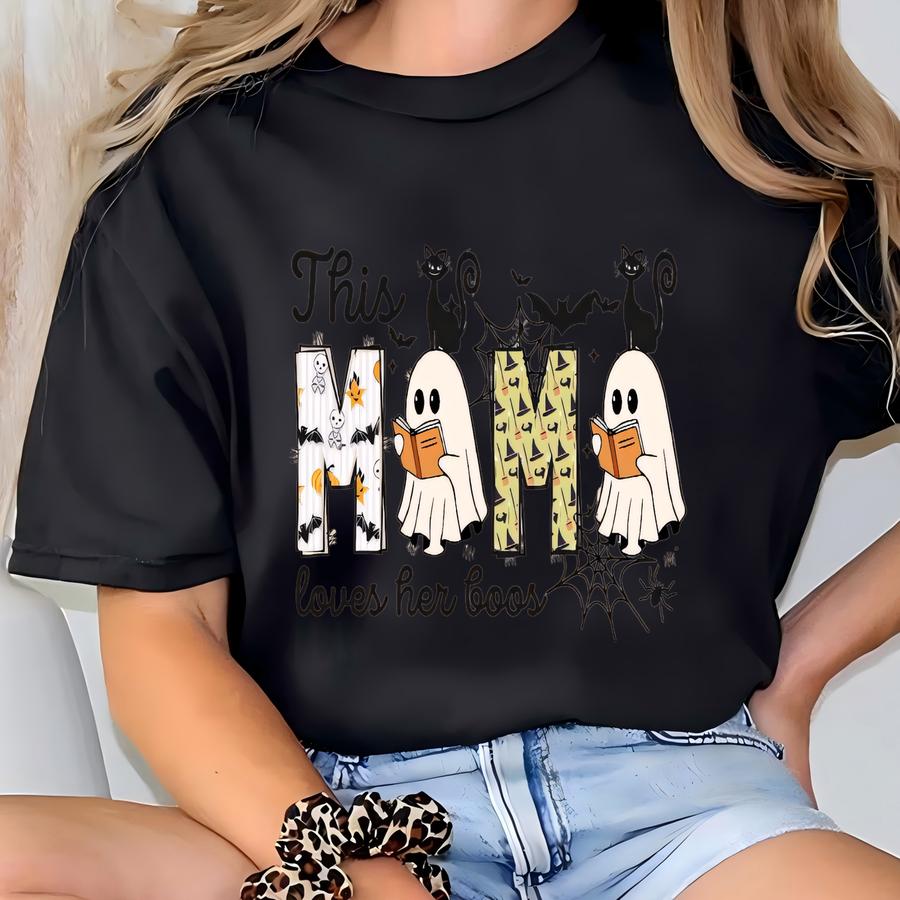 This Mom Loves Her Boos Sweatshirt | Halloween Mom Ghost Shirt | Cute Spooky Season Pullover | Fall Mom Sweater | Funny Halloween Crewneck T-shirt