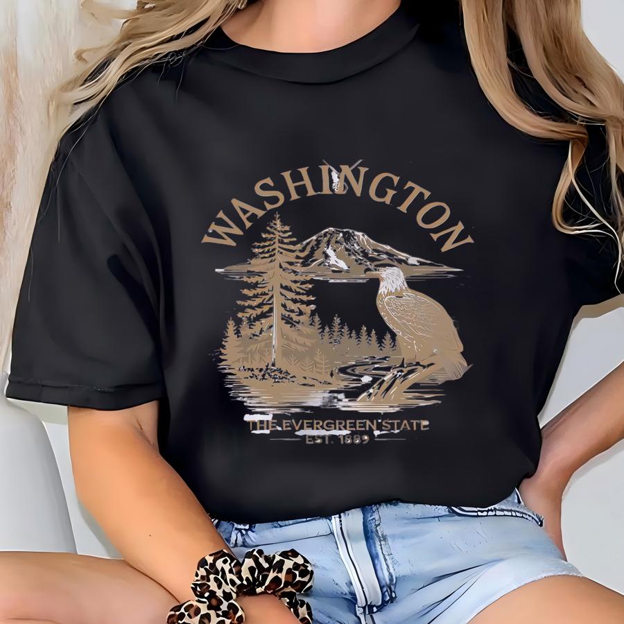 Retro State Of Washington Mountains Eagle Minimal Sweatshirt Graphic Neutral Unisex Christmas Gift, Winter Apparel Travel Sweatshirt Tshirt T-shirt