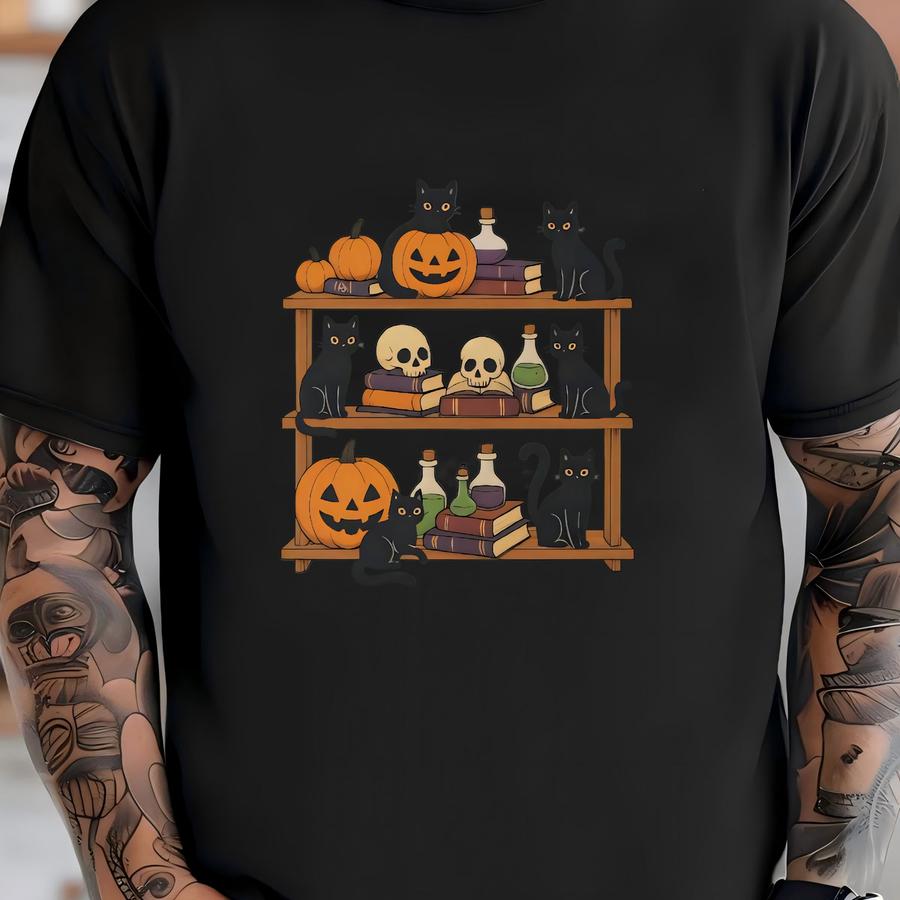 Halloween Cat Sweatshirt, Fall Cat Sweater, Bookshelf Sweatshirt, Autumn Crewneck, Spooky Vibes Crewneck,book Halloween Sweater T-shirt