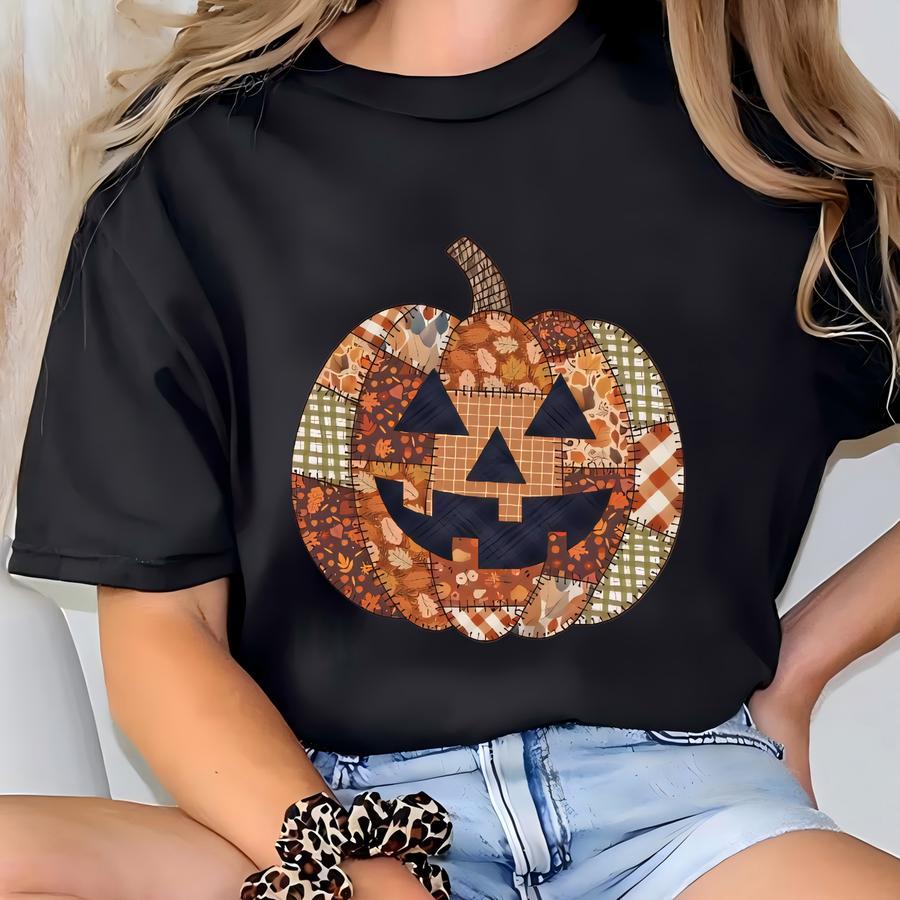 ® Retro Patchwork Halloween Pumpkin Shirt, Halloween Pumpkin Shirt, Spooky Season Pumpkin, Halloween Cute Women Gift For Her T-shirt