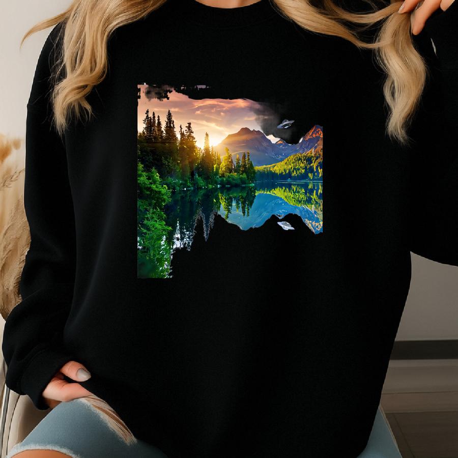 Ufo Canvas Wall Art | Bigfoot Mountain Lake Sunset Alien Spaceship Scene | Cryptid Decor For Sci Fi And Folklore Fans Sweatshirt