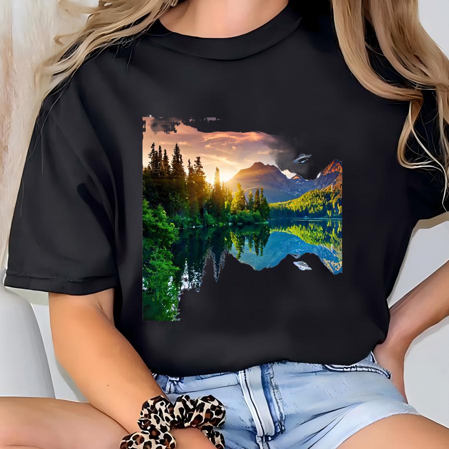 Ufo Canvas Wall Art | Bigfoot Mountain Lake Sunset Alien Spaceship Scene | Cryptid Decor For Sci Fi And Folklore Fans T-shirt