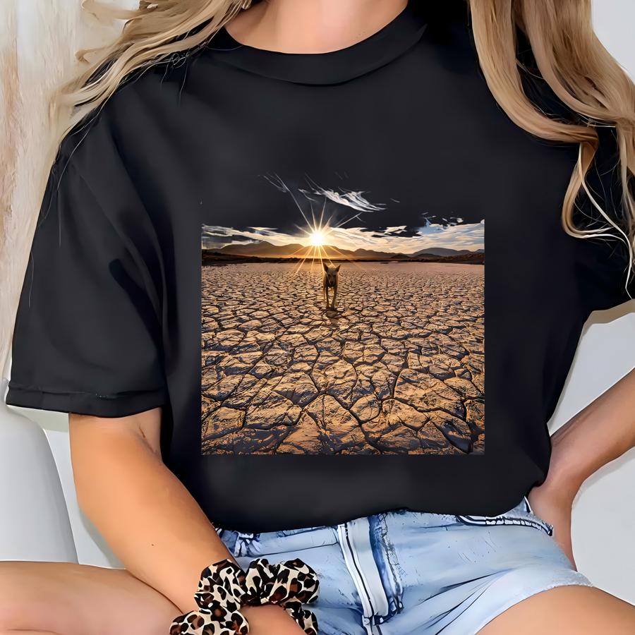 Chupacabra Canvas Wall Art | Desert Cryptid Creature In Sunlit Dry Lake Scene | Gothic Paranormal Decor For Folklore Fans T-shirt