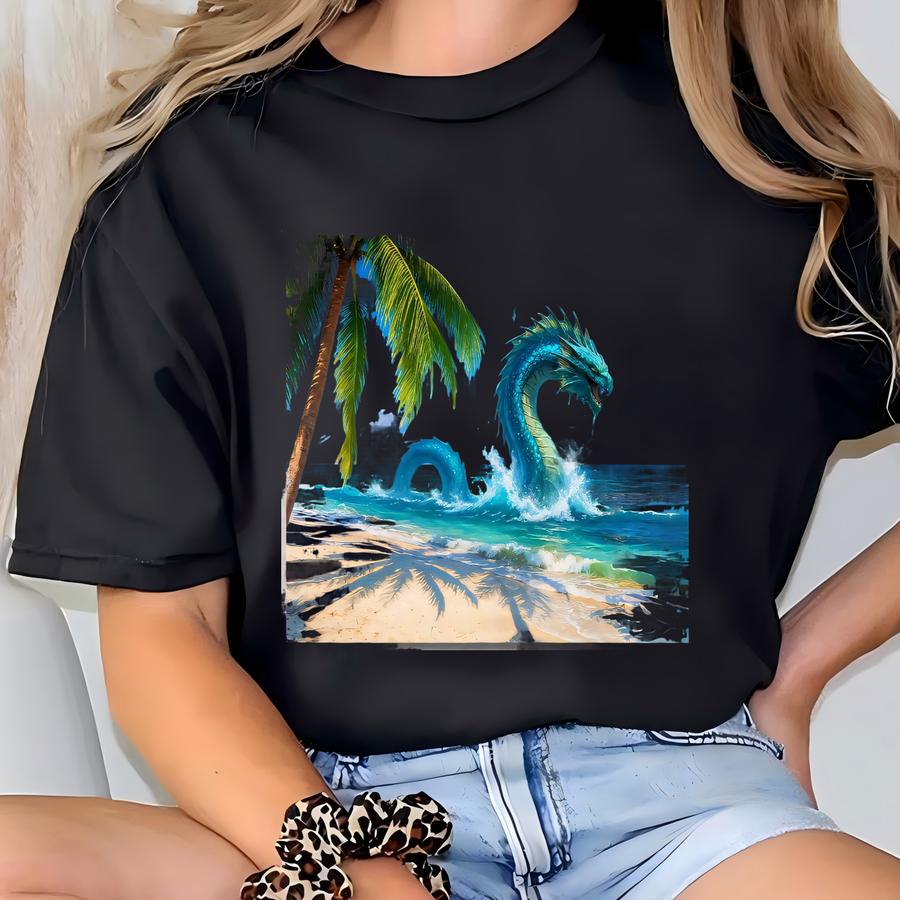 Sea Serpent Canvas Wall Art | Tropical Beach Ocean Monster Scene | Fantasy Al Decor For Mythology Lovers T-shirt