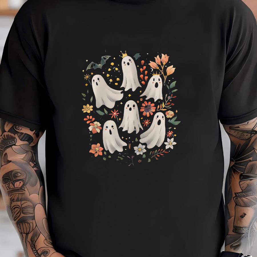 Cute Ghost In Wildflowers Sweatshirt, Floral Spooky Season Shirt, Retro Halloween Hoodie, Cozy October Graphic Tee, Cute Ghost Gift T-shirt