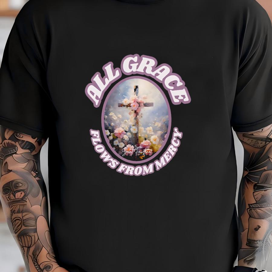 Saint Faustina Sweatshirt: Divine Mercy Catholic Women's Floral Crewneck T-shirt