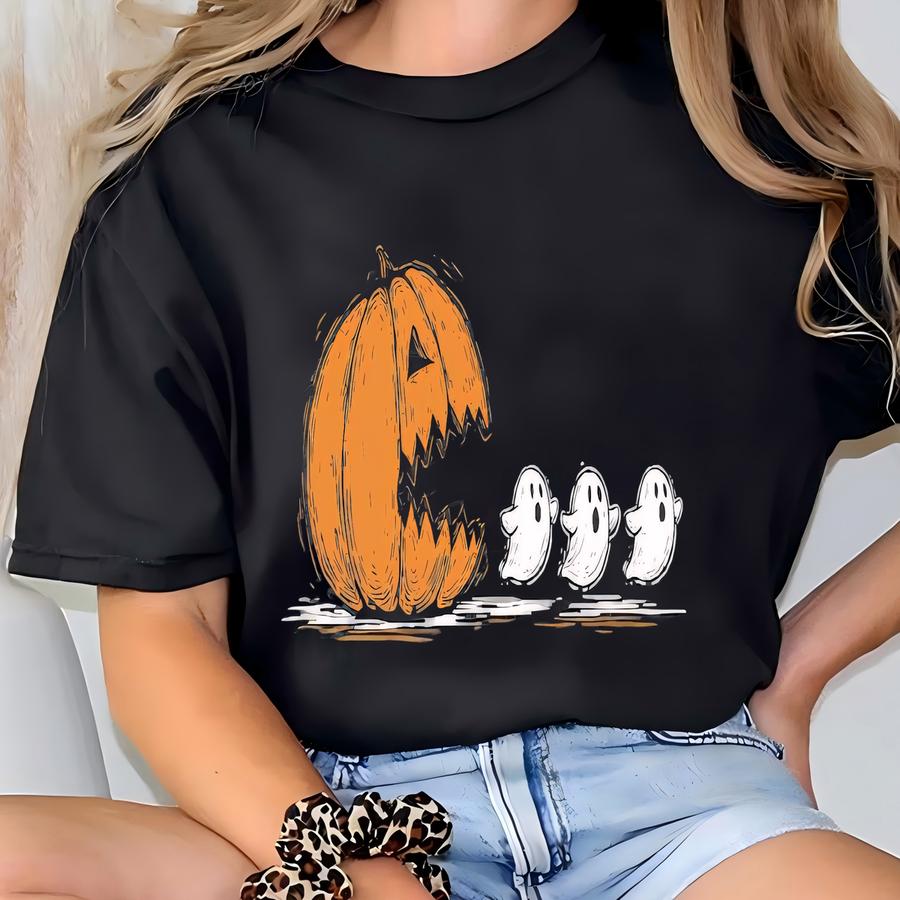 Halloween Pumpkin Eat Ghost Shirt, Funny Halloween Shirt, Halloween Gamer Gift, Halloween Party Tee, Pumpkin Pac Man Shirt, Spooky Ghost Tee T-shirt