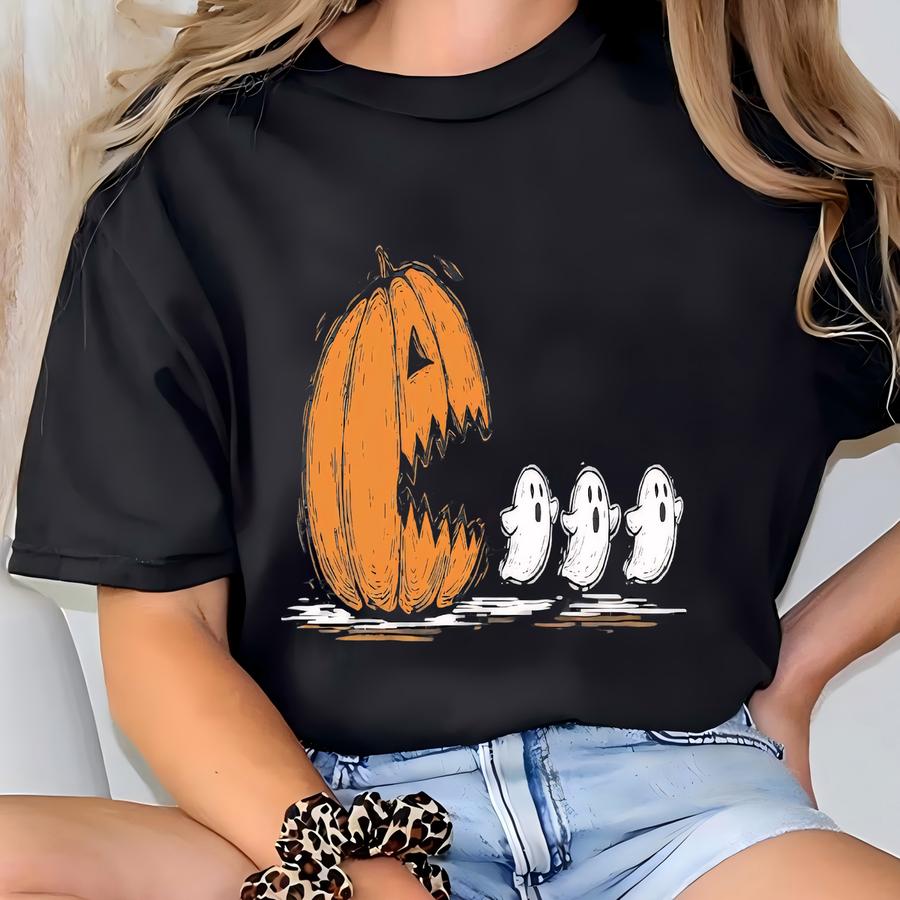 Halloween Shirt, Halloween Pumpkin Chasing Ghost Shirt, Spooky Season Tee, Pumpkin Pac Man Shirt, Gamer Halloween Gift, Halloween Ghost Tee T-shirt