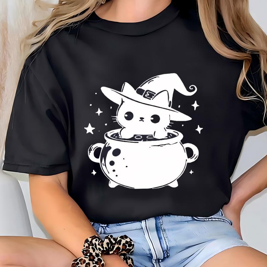 Kawaii Witch Cat Hoodie – Spooky Halloween Pullover T-shirt