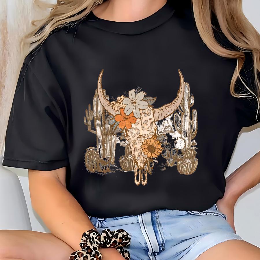 Floral Cow Skull Western Shirt Hoodie, Hoodie, Sweatshirt, Long Sve, Cactus Desert Cowgirl Gift Boho Vintage Country Top Skuc52 T-shirt